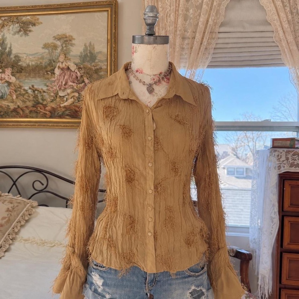 Boho Ruffle Shirt Y2K Kaelyn Max golden tan crinkle shirt size 3X
